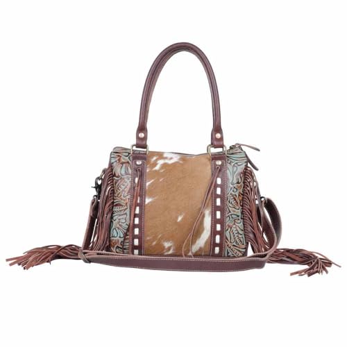 Myra Bag Maia Cowhide Purse - Western Style Hobo Handbag for Women with Azure, Brown & White Cowhide Design, Floral Tooled Accents and Fringes