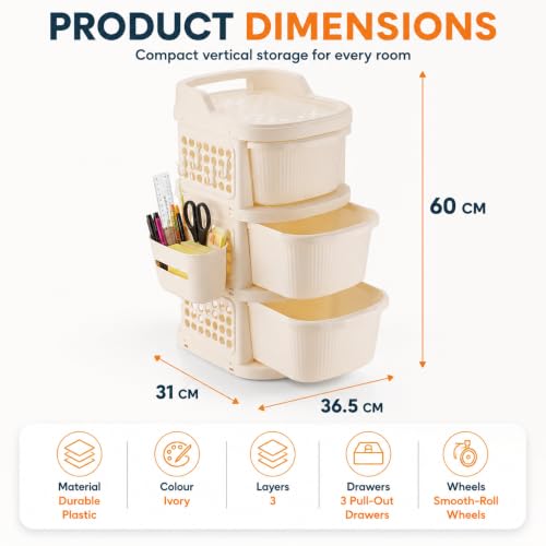 Image of Homeor 3 Tier Plastic Storage Drawer Cabinet with Wheels | Modular Chest of Drawers Organizer with Side Basket & Handle | Storage Trolley Rack for Home, Kitchen, Bedroom, Office, Kids Room (Ivory)