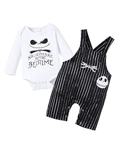 Image of Crazyme Baby Boy Girl Clothes 2PCs Outfit Set Nightmare Before Bedtime Skull Christmas Clothing Set（Boy Black, 0-3 Months）