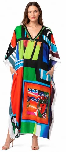 Miss Lavish London Long Kaftan Dress with Pockets Beach Swimsuit Cover Up