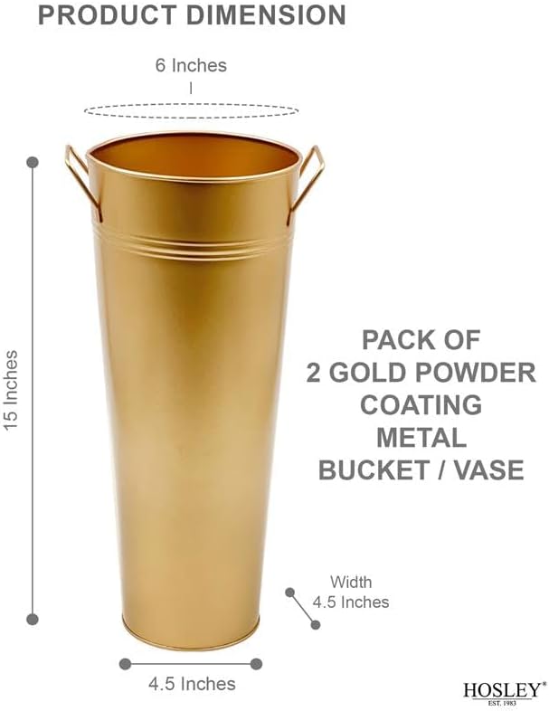 Hosley Set of 2 Gold Metal French Bucket with Handles & PVC Liner, 6 Dia x 15 H for Weddings, Parties, Country Picnics, Floral Arrangements, Tableware Storage, or Gardens - Rustic Farmhouse Décor