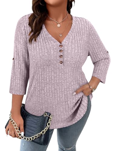 Image of Koscacy Women Plus Size V Neck 3 /4 Roll Sleeve Sweater Casual Knit Tops Solid Color Blouses