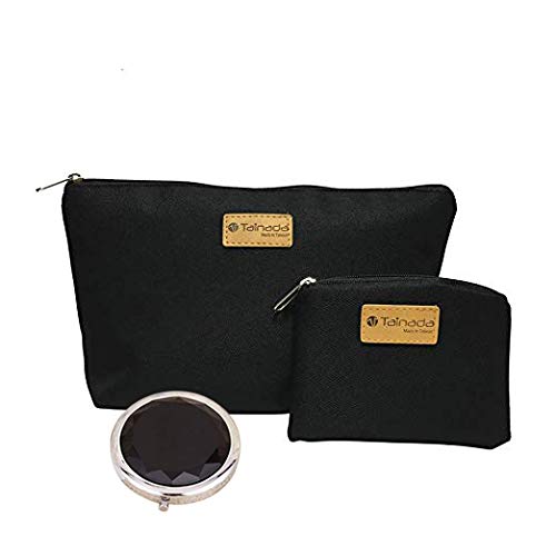 Tainada Cosmetic Bag/Makeup Pouch/Toiletry Storage Water-Repellent Zipper Travel Organizer for Women's Beauty & Skincare Accessories + Bonus Coin Purse & Cosmetics Mirror Bundle Set (Black)