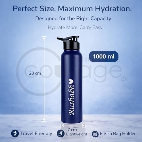 Image of COURAGE Stainless Steel Customize Sipper Water Bottle 1Liter Leak Proof for Fridge Home Office Travel School Kids Boys Girls Adults Sports Gym Yoga - Navy Blue