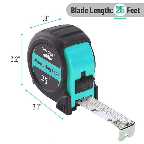Image of Mr. Pen- Tape Measure, 25-Foot, Turquoise Blue, Steel Measuring Tape Measure with Fractions, Retractable Measuring Tape Retractable
