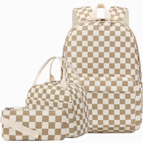 School Backpack for Girls Teens Corduroy Checkered Bookbag with Lunch Box Set Kids Backpack Elementary Middle School Bag (Checkered-Brown)