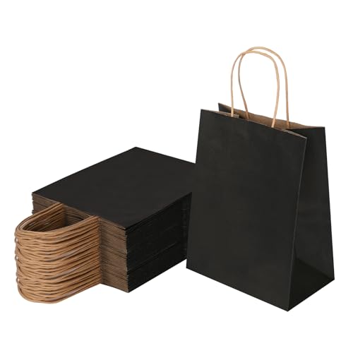 Joybe 50 Pack 8x4.75x10 Inch Medium Black Kraft Paper Bags with Handles Bulk, Craft Paper Gift Bags for Party Favors Grocery Retail Shopping Business Goody Merchandise Take Out Blank Sacks (50pcs)