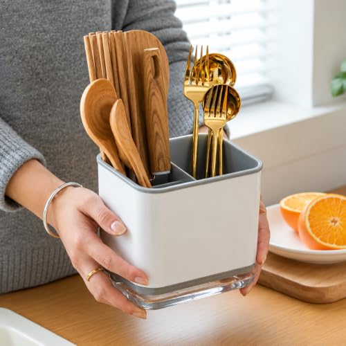 Image of Kitchen Utensil Holder with Drain Tray | Self Draining Countertop Organizer, 3 Compartment Cutlery Caddy | Detachable Water Collection Base for Spoons Forks Knives Cooking Tools (Grey)