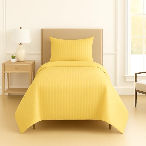 Image of DECOR2ADMIRE 300 Thread Count Premium Glace Cotton Plain Stripe Single Bedsheet with One Pillow Cover (60 inch x 90 inch) (Yellow, Pack of 2)
