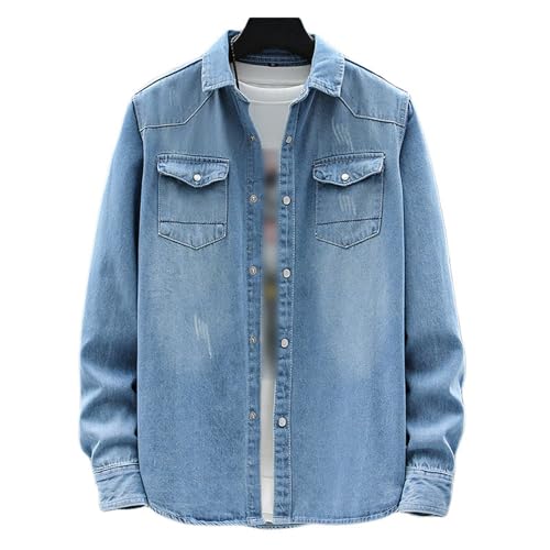 Kelsiop Men's Denim Shirt Cotton Slim Long Sleeve Jeans Jacket Street Fashion Handsome Autumn Button-Down Shirt4