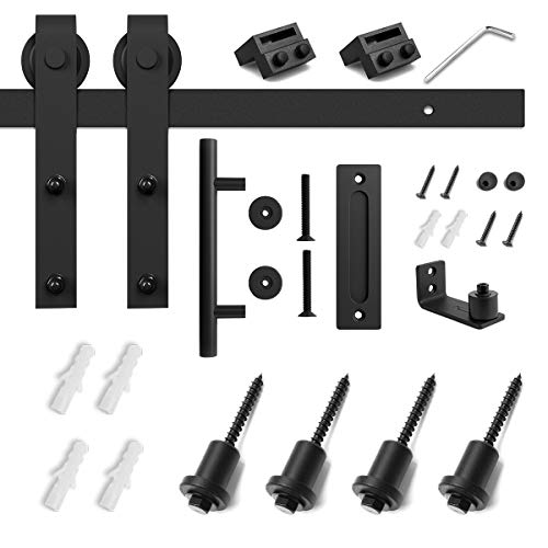 Smartstandard 5Ft Sliding Barn Door Hardware Whole Kit (Include 5Ft Track Kit & Pull Handle Set & Floor Guide), Smoothly And Quietly, Easy To Install, Fit 30" Wide Door Panel (J Shape) #TOP4