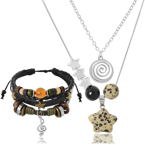 RechicGu Multilayer Y2k Star Necklace Fairy Grunge Bracelets Set Handmade Fairycore Grunge Jewelry Gothic Swirl Star Necklace Punk Rock Roll Music Guitar Accessories for Women Men Swirl