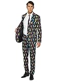 Offstream Men's Christmas Suit - Ugly Christmas Lights Print Outfit - Black - Includes Blazer, Pants - Tie