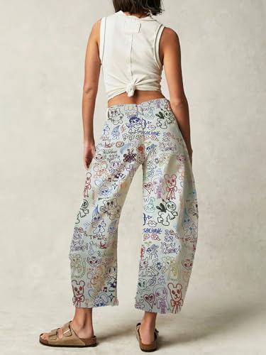 ebossy Women's Cute Floral Patern Baggy Barrel Jeans Mid Rise Wide Leg Horseshoe Capri Denim Pants4