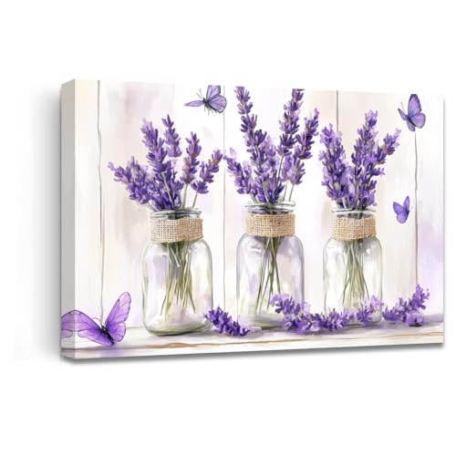 AWPANERAR Lavender Pictures Bathroom Wall Decor Purple Floral with Butterfly