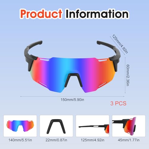 Mineup 3 Stück Schnelle Brille, Sonnenbrille Fahrradbrille, Sport Sonnenbrille Herren Damen, UV400 Polarisiert Fahrradbrille, Anti-UV Radsport Brillen Für Radfahren Fahren Laufen Golf Angeln Wandern