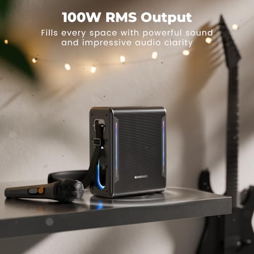 Image of ZEBRONICS Axon 150 Portable Bluetooth Speaker, 100W RMS, Built-in Power Bank, Zeb AcoustiMax DSP, Dual Passive Radiators, Up to 7h Playback, RGB Lights, BT v5.3, USB, mSD, AUX, Wireless Mic (Black)