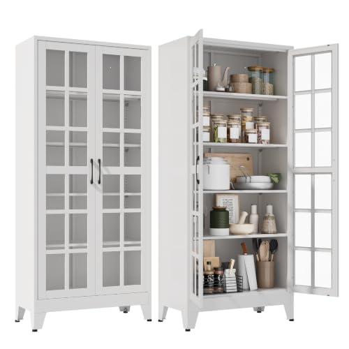 Image of Metal Storage Cabinet with Glass Doors and Adjustable Shelves | 71 inch Tall Pantry Cabinet for Kitchen Dining Room Bathroom Garage,White,1 Pce