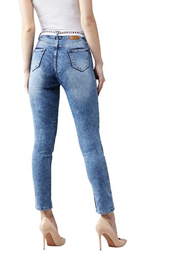Image of Dolce Crudo Women's Light Blue Slim Fit High Rise Regular Length Light Wash Twill Tape Detailing Denim Stretchable Jeans