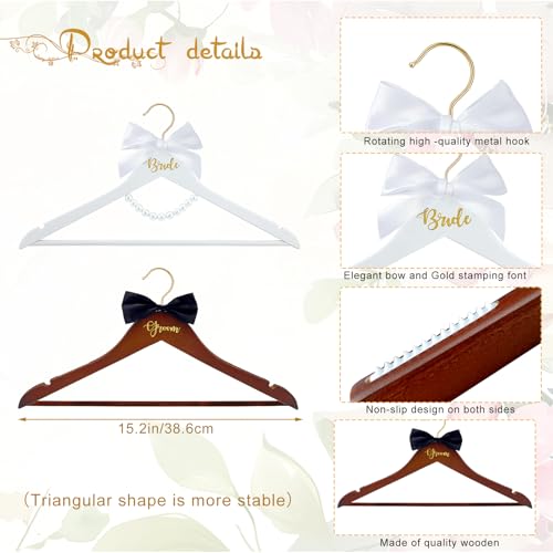 2 Pack Bride and Groom Wedding Hanger Set, Bridal Wedding Dress Hanger with Bow Tie & Pearls for Wedding Gift Bridal Party & Shower