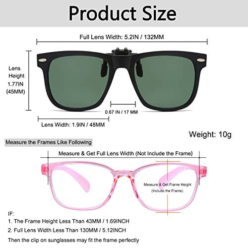 Kids Clip-On Polarised Sunglasses - UV Protection Flip Up for Boys & Girls, Dark Green, 48 mm x 45 mm x 17 mm x 132 mm - Image 2