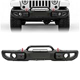 KUAFU Front Bumper Compatible with 2007-2018 Jeep Wrangler JK Rubicon W/Sensor Hole 10th Anniversary Style 2DR 4DR Steel Black Powder Coated 3Pcs