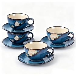 8 Oz Floral Porcelain Cappuccino Cups with Saucers Set of 4, Stoneware Tea Coffee Mugs for Home Kitchen & Office, Dishwasher Microwave Oven Safe, for Espresso, Latte, Americano, Milk & Tea, Dark Blue