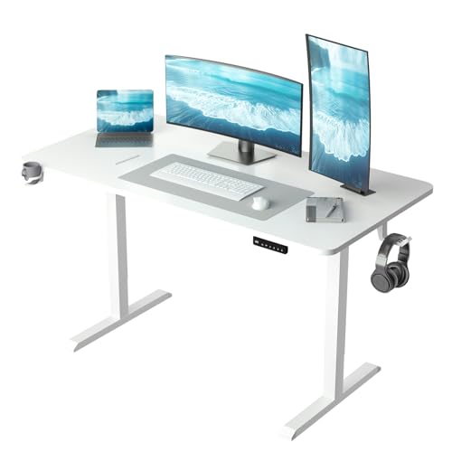 CHINGOO Electric Height Adjustable Standing Desk 140x60cm, Memory Preset Sit Stand Up Desk for Home Office, Whole Piece Desktop White Computer Desk, Metal Frame—Clean Minimal Style
