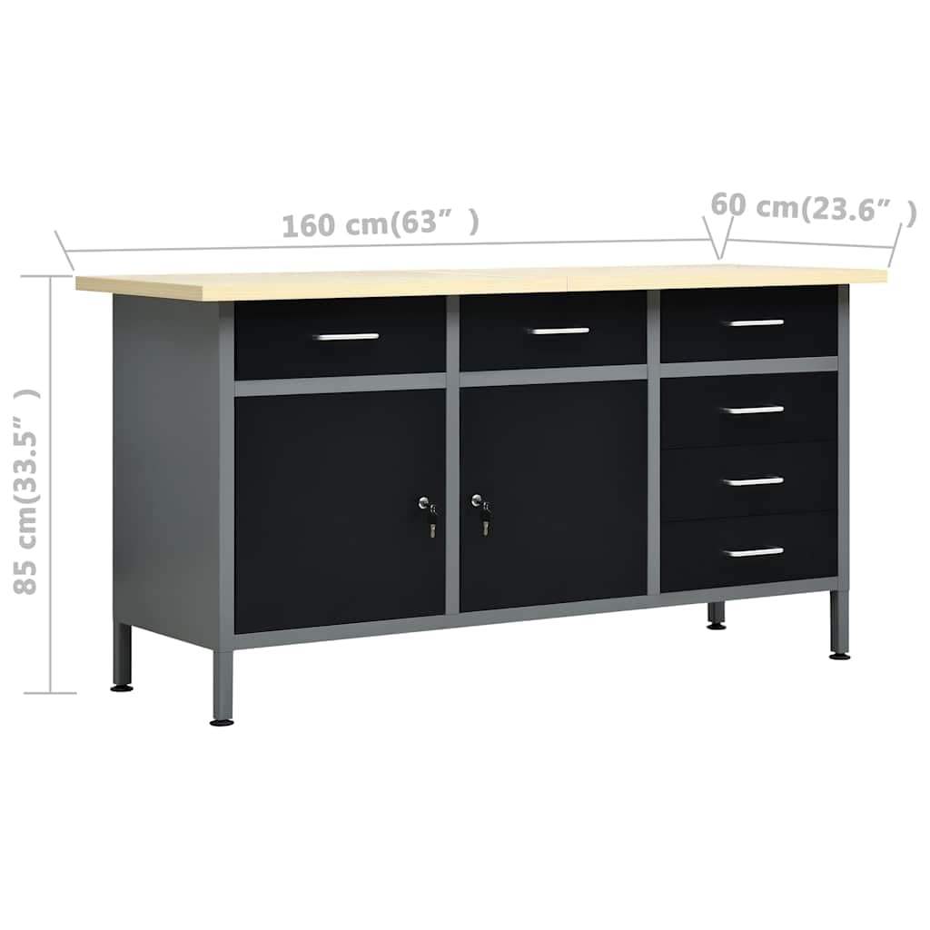 Set da officina, banco da lavoro, 160 x 60 x 85 cm, con 4 pareti per attrezzi e 2 armadi da parete chiudibili