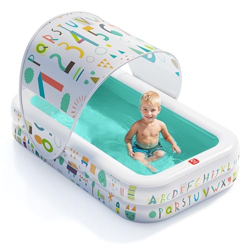 Image of QPAU Kiddie Pool with Canopy, Inflatable Design, 65 x 39 in, Green
