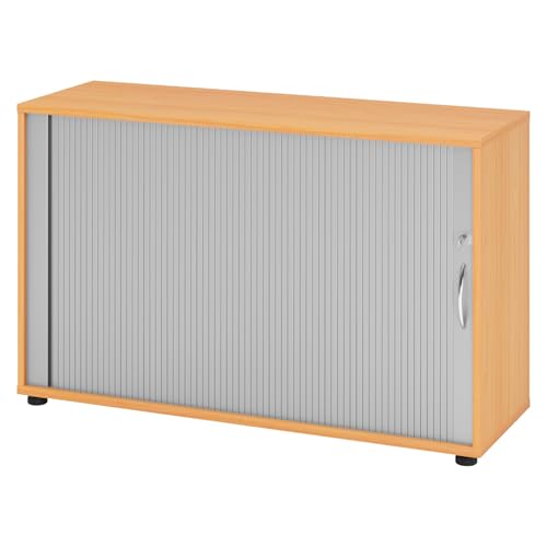 bümö Aktenschrank abschließbar mit Rollladen, Rollladenschrank für Ordner & Co. - Büroschrank mit Rollo, abschließbarer Ordnerschrank aus Holz in Buche/Silber mit Bogengriff