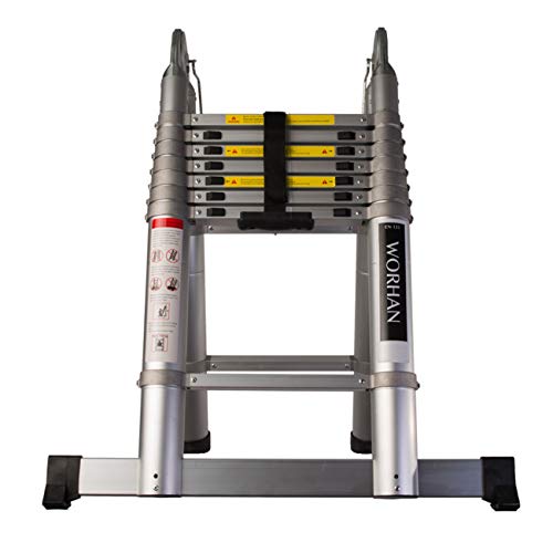 WORHAN® 5m Escalera Doble Telescopica 500cm Pro Multiuso Multifuncional con Anillos DE Aluminio Plegable Tijera Aluminio Anodizado Normativa EN-131 AK5