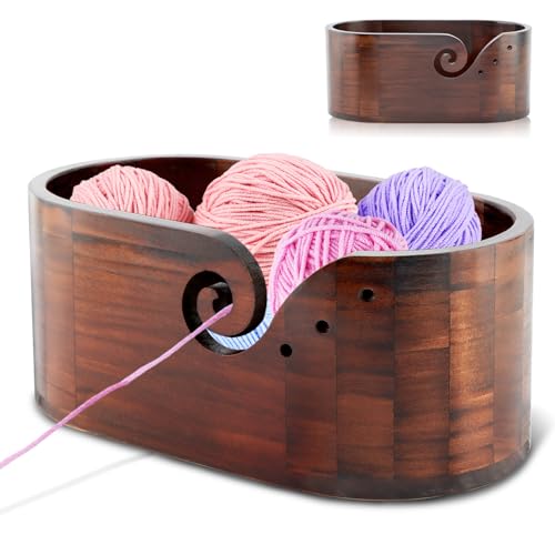 Image of Wooden Crochet Bowl, Multi-Hole Yarn Holder for Knitting, Gift for Mom, Wife, Girlfriend & Knitting Lovers (Brown)