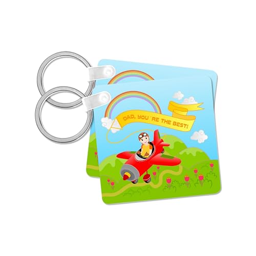3dRose, Cute kid pilot flying red aeroplane near rainbow and clouds with a message for dad, set of 6 Key Chains