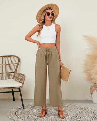 Neer 2 Pack Women’s Linen Pants with Pocket, Casual Summer Drawstring Beach Pants High Waisted Wide Leg Loose Palazzo Trouser(White, Khaki,Medium)