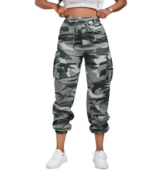 Generic Women's Camouflage Multi-Pocket Cargo Pants - Casual Camo Print with Side Tie and Flap Pockets, Zipper Fly Closure