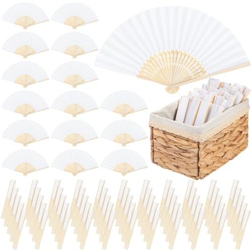 Aodaer 100 Pieces White Paper Fans Folding Fans with Foldable Storage Basket Bamboo Handheld Fan for Guests Wedding Bridal Party Favor Baby Shower Decoration DIY Supplies