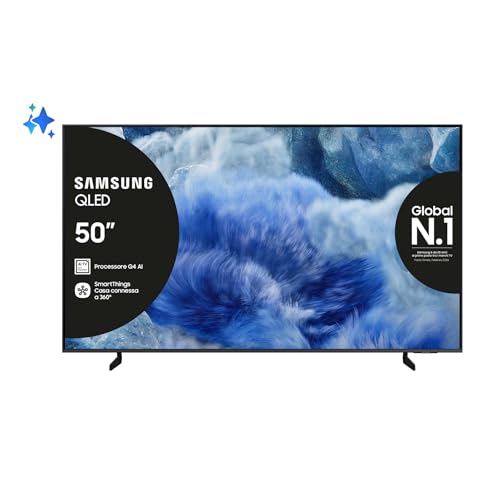 Samsung QLED 4K Vision AI Smart TV 50'' QE50Q8FAAUXZT, Q8F, Q4 AI Processor, 4K Upscaling, OTS Lite, Air Slim Design, 100% di Volume Colore con Quantum Dot, PACCHETTO INTRATTENIMENTO, 2025