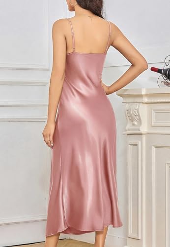 Image of ALCEA ROSEA Women's Long Satin Slip Dress Nightgowns Sexy Lingerie Adjustable Strap Midi Dress Silky Gown V Neck Under Dress