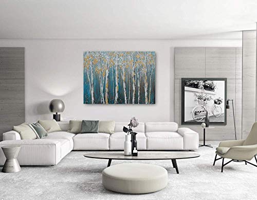 Image of Yihui Arts Canvas Wall Art Blue Tree Forest Landscape Picture Prints, Modern Birch Trees Nature Woods Abstract Artwork Framed Ready to Hang for Home Office Living Rooms (Gold Foil, 20Wx28L)