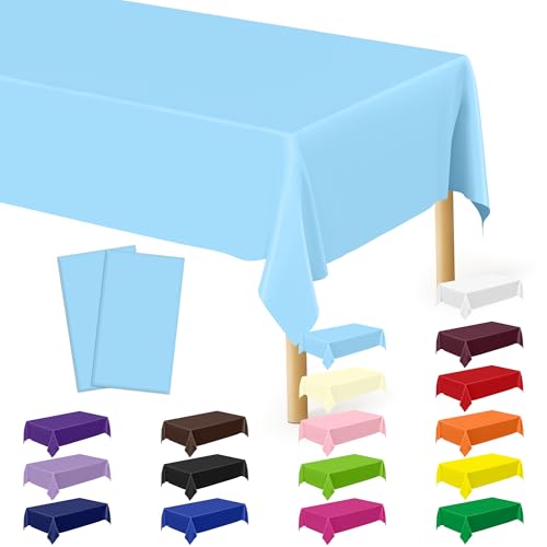QZYL 2 Pack Picnic Table Cover, 108 x 54 Inches Sky Blue Plastic Tablecloth, Tear Resistant Rectangle Disposable Tablecloth Party Tablecover, Waterproof Rectangle Table Decorations Party Supplies