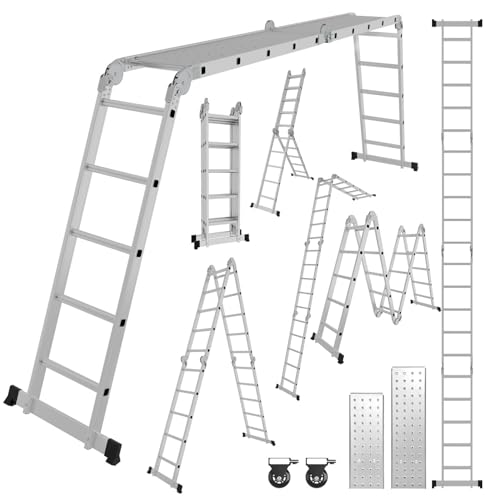 Hebitod Escalera multiusos 4 x 5, 7 en 1, escalera telescópica de aluminio, 582 cm, escalera multifunción con 2 plataformas y ruedas, carga máxima de 150 kg, escalera plegable con 20 peldaños