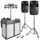 Vonyx VPS152A 15" Active DJ Speaker System Package with MAX PartyBar10 Disco Lighting, Foldable DJ Booth, Speaker Stands & Carry Bags - Complete Medium/Large DJ Starter Kit