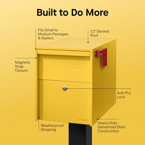 Image of Adoorn Lockable Post Mount Mailboxes for Outside - Large Anti-Theft Locking Mailbox for Packages and Letters - Weatherproof Construction - Durable Steel - 15.5 inch H x 12 inch W x 18.5 inch D - Yellow