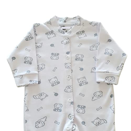 Macacão Pijaminha Estampado Vira Pé Suedine (RN, Branco Gatinho Cachorrinho)