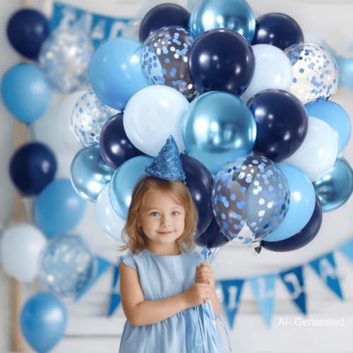 Image of Zesliwy Blue Confetti Balloons Set,50Pcs 12 Inch Navy Light Metallic Blue Balloon Kit Pastel Pale Blue Latex Balloon with Ribbon for Birthday Wedding Graduation Anniversary Party Decorations
