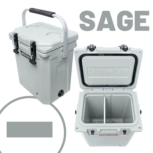 Camp-Zero 16L Tall Cooler/Ice Chest With 2 Molded-In Cup Holders & Folding Aluminum Handle | Thick Walled, Freezer Grade Cooler With Secure Locking System & Removable Divider (Sage) #TOP4