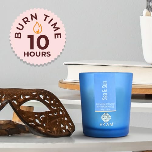 Image of EKAM Sea & Sun Votive Soy Wax Scented Candle, 40 Grams, 10 Hours Burn Time| Long Lasting Premium Candles | Ideal for Home Decor | Gifting & Aromatherapy