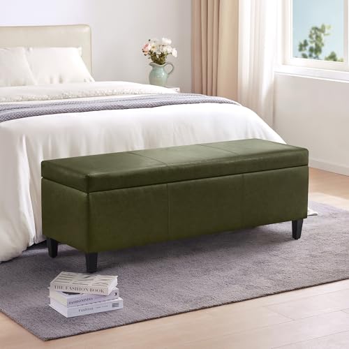 Image of Storage Ottoman Bench 50.3 inch Faux Leather Upholstered End of Bed Bench,Green