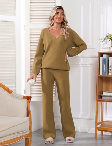 CMTOP Two Piece Outfits Women Tracksuits Sweater Sets Elegant V Neck Lounge Wear Sets Casual Knit Pullover Tops Elastic Waisted High Waist Wide Leg Trousers Tracksuits Set(Khaki, M) - Image 6